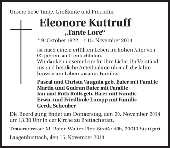 Traueranzeige von Eleonore Kuttruff 