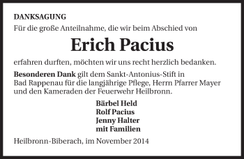 Traueranzeige von Erich Pacius 