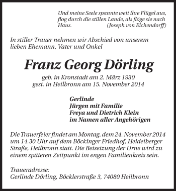 Traueranzeige von Franz Georg Dörling 