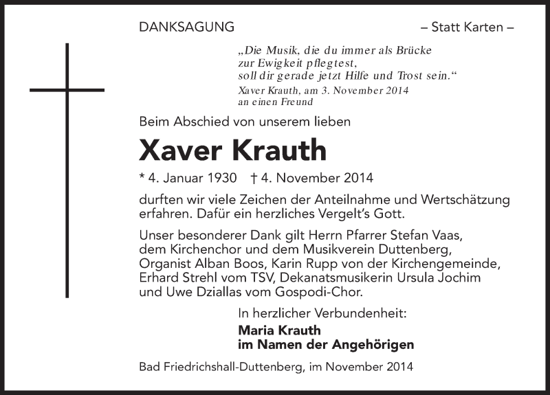  Traueranzeige für Xaver Krauth vom 22.11.2014 aus 