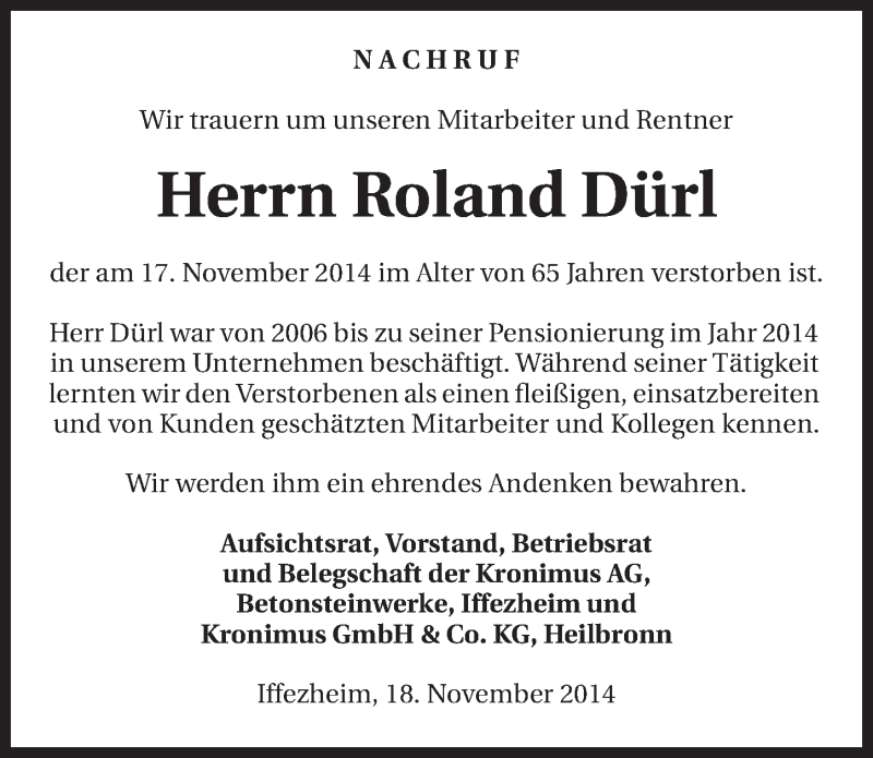  Traueranzeige für Roland Dürl vom 19.11.2014 aus 