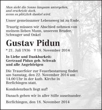 Traueranzeige von Gustav Pidun 