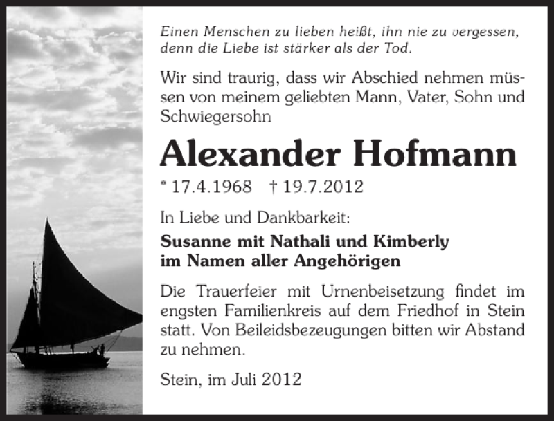  Traueranzeige für Alexander Hofmann vom 25.07.2012 aus 