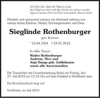 Traueranzeige von Sieglinde Rothenburger 
