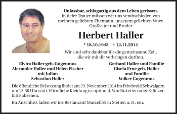 Traueranzeige von Herbert Haller 