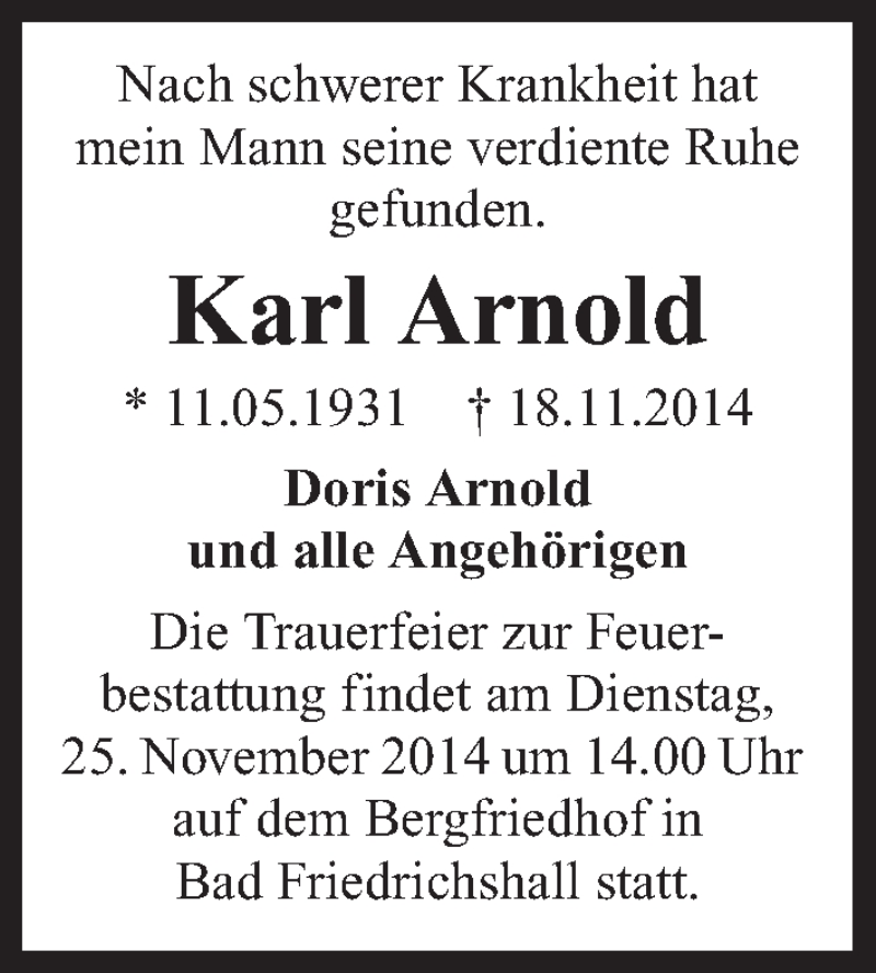  Traueranzeige für Karl Arnold vom 21.11.2014 aus 
