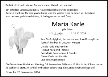 Traueranzeige von Maria Karle 
