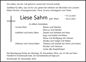 Traueranzeige von Liese Sahm 
