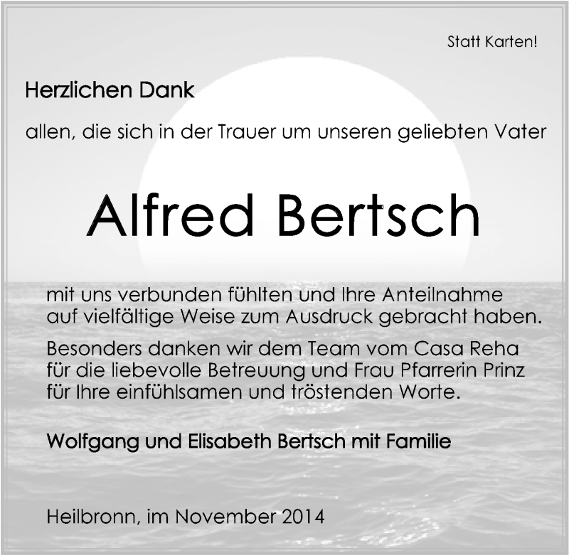  Traueranzeige für Alfred Bertsch vom 22.11.2014 aus 