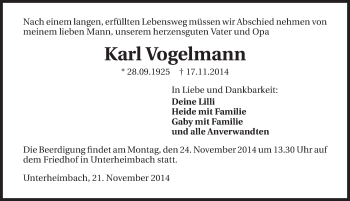 Traueranzeige von Karl Vogelmann 