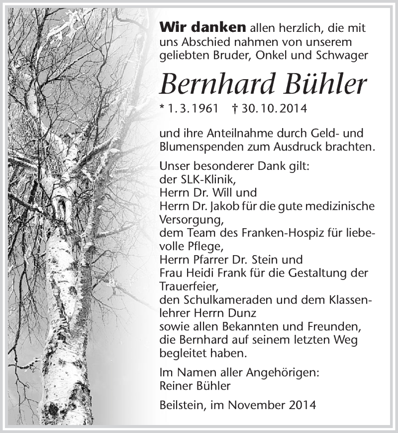  Traueranzeige für Bernhard Bühler vom 22.11.2014 aus 