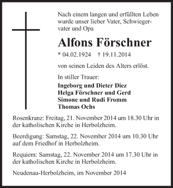 Traueranzeige von Alfons Förschner 
