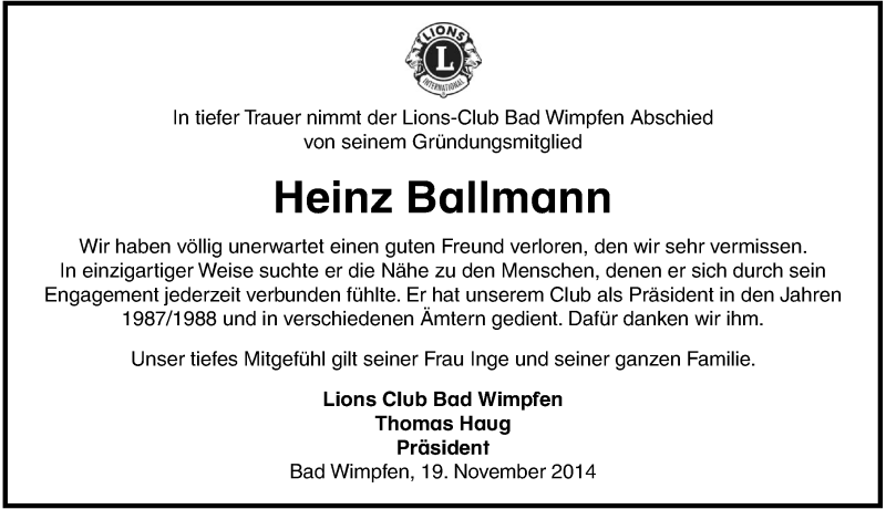  Traueranzeige für Heinz Ballmann vom 22.11.2014 aus 