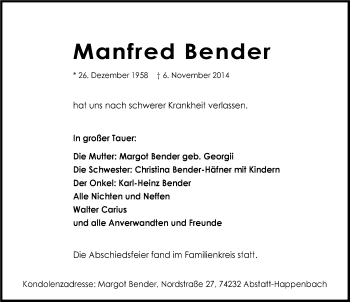 Traueranzeige von Manfred Bender 