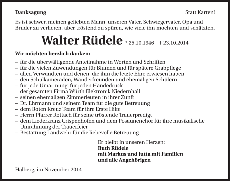  Traueranzeige für Walter Rüdele vom 22.11.2014 aus 