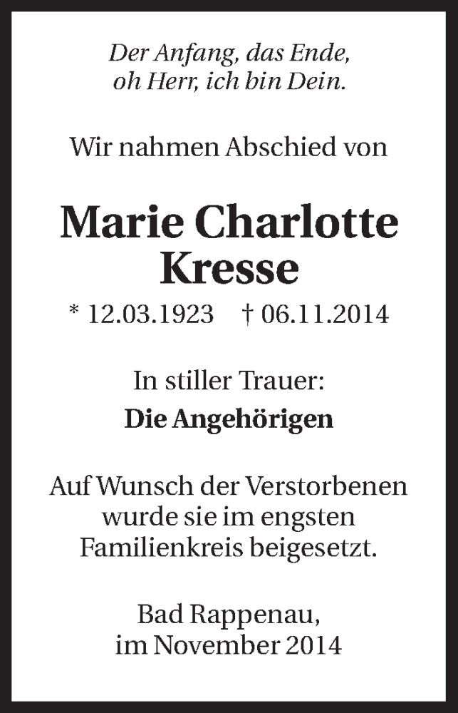  Traueranzeige für MarieCharlotte Kresse vom 22.11.2014 aus 