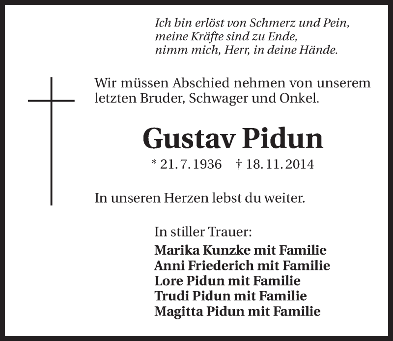  Traueranzeige für Gustav Pidun vom 22.11.2014 aus 