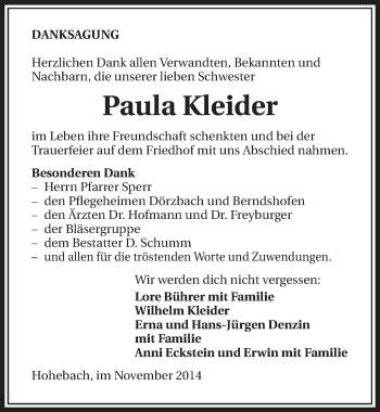 Traueranzeige von Paula Kleider 