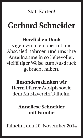 Traueranzeige von Gerhard Schneider 