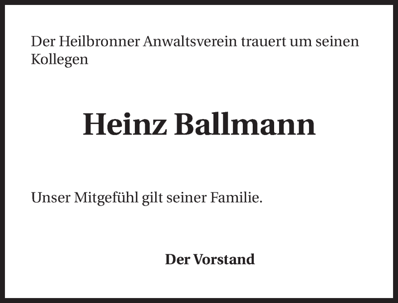  Traueranzeige für Heinz Ballmann vom 22.11.2014 aus 