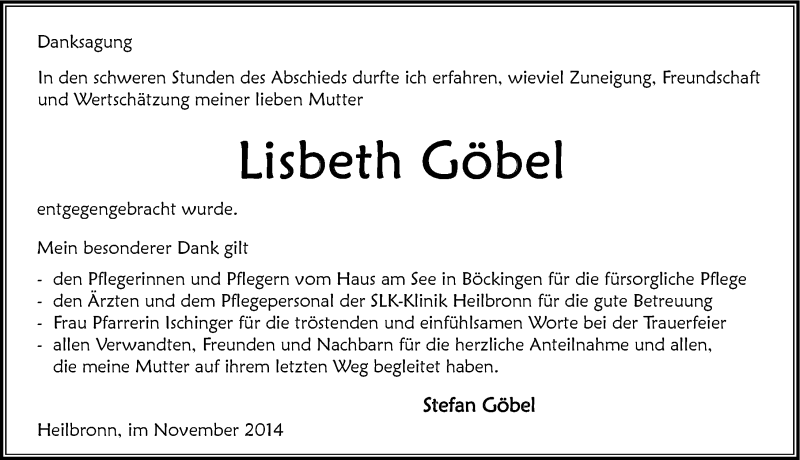  Traueranzeige für Lisbeth Göbel vom 24.11.2014 aus 
