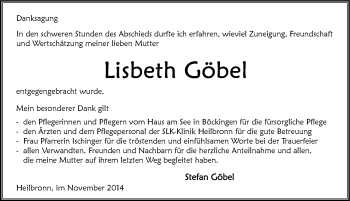 Traueranzeige von Lisbeth Göbel 