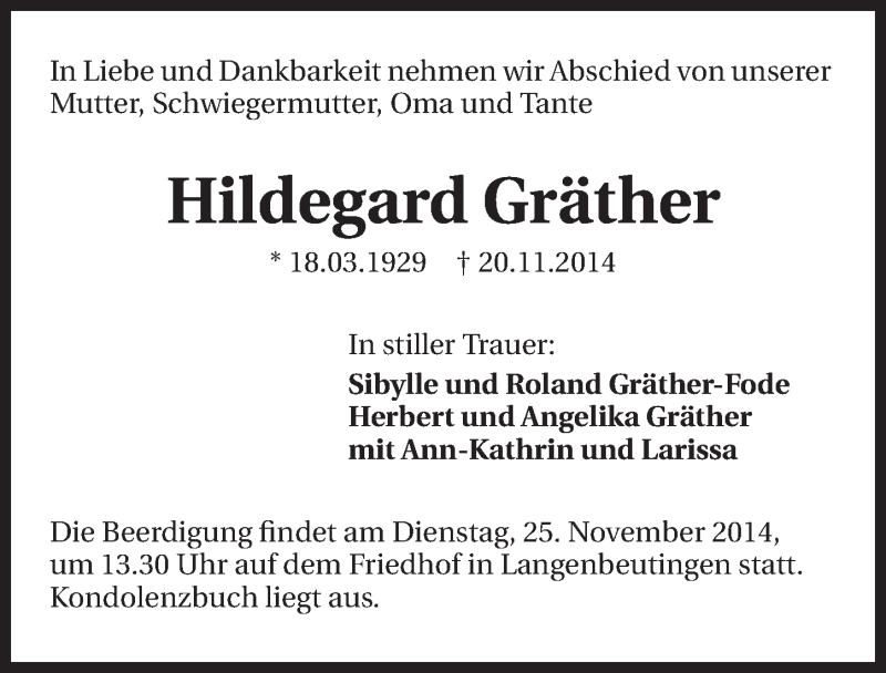  Traueranzeige für Hildegard Gräther vom 22.11.2014 aus 