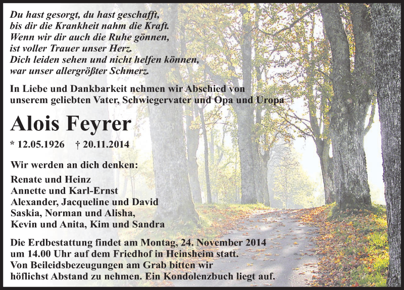 Traueranzeige für Alois Feyrer vom 21.11.2014 aus 