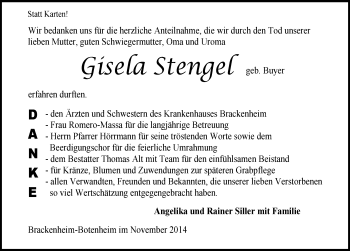Traueranzeige von Gisela Stengel 
