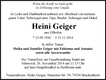 Traueranzeige von Heini Geiger 