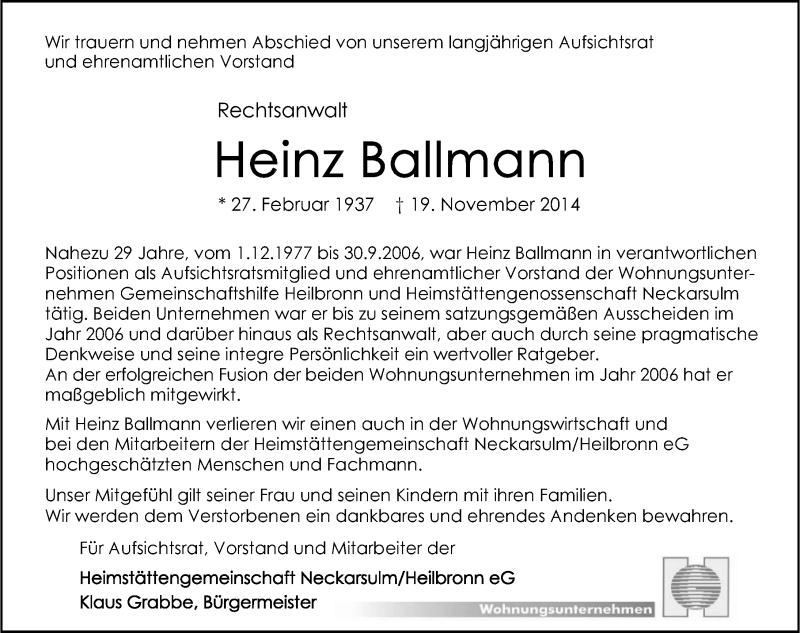  Traueranzeige für Karl-Heinz Ballmann vom 22.11.2014 aus 