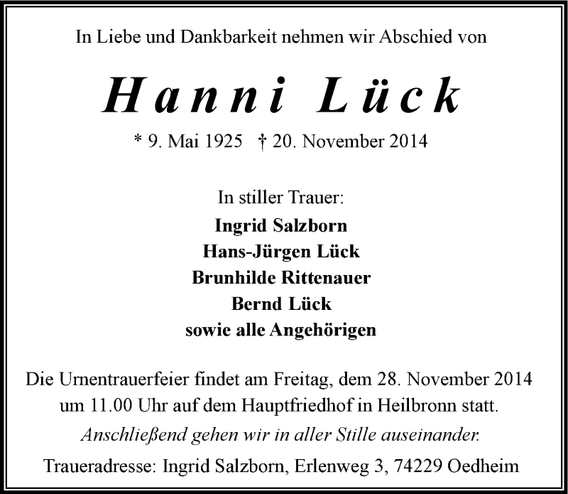  Traueranzeige für Hanni Lück vom 22.11.2014 aus 