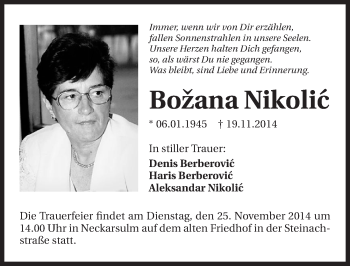 Traueranzeige von Bozana Nikolic 
