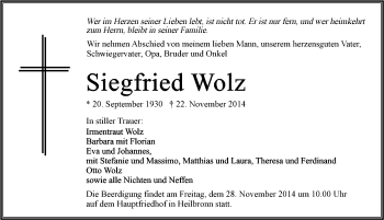 Traueranzeige von Siegfried Wolz 