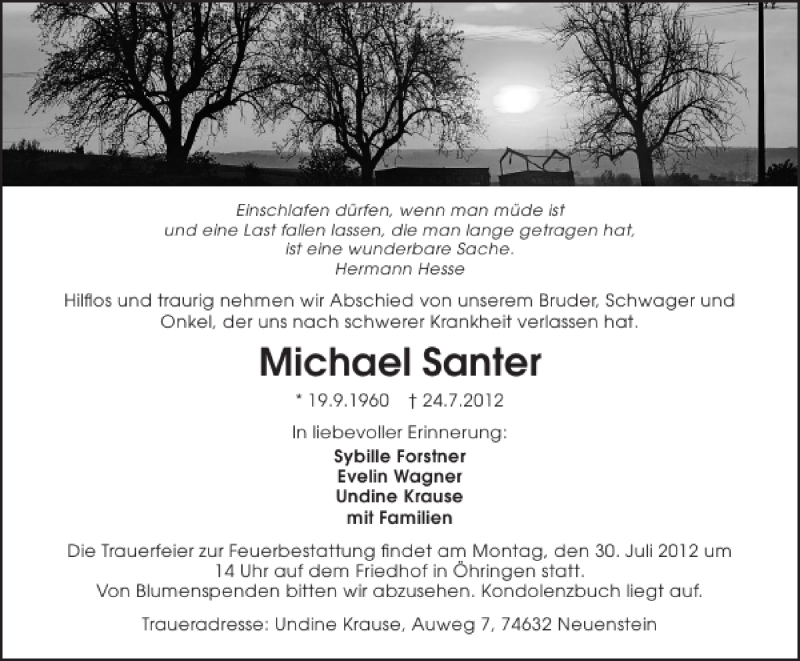  Traueranzeige für Michael Santer vom 26.07.2012 aus 