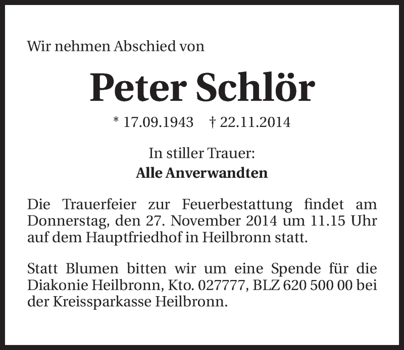  Traueranzeige für Peter Schlör vom 25.11.2014 aus 