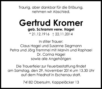 Traueranzeige von Gertrud Kromer 