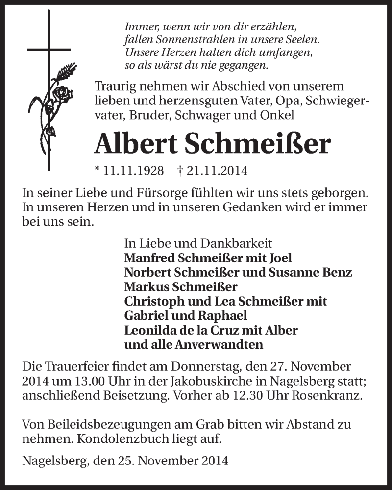  Traueranzeige für Albert Schmeißer vom 25.11.2014 aus 