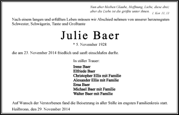 Traueranzeige von Julie Bär 