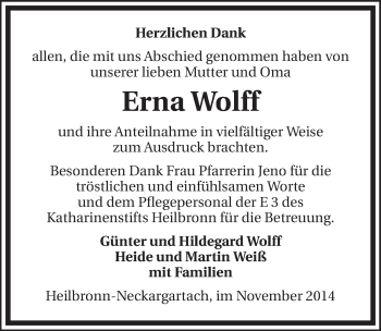 Traueranzeige von Erna Wolff 