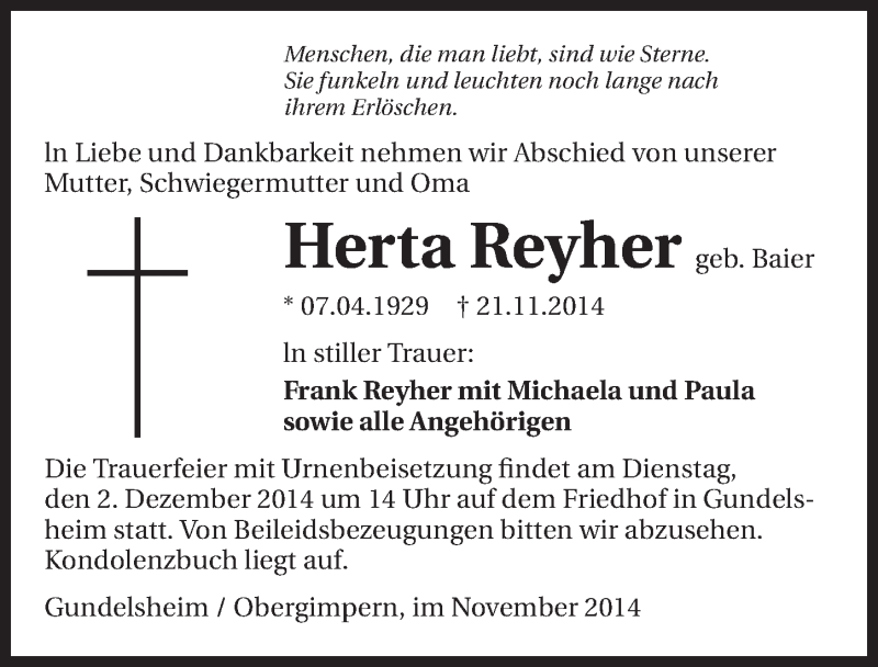  Traueranzeige für Herta Reyher vom 29.11.2014 aus 