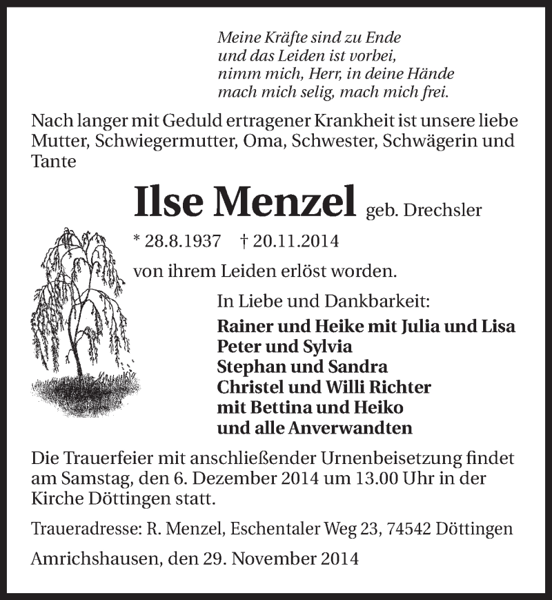  Traueranzeige für Ilse Menzel vom 29.11.2014 aus 