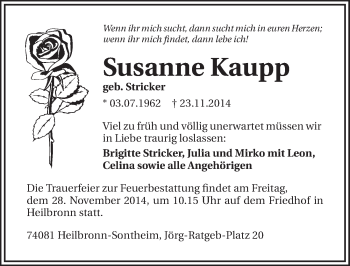 Traueranzeige von Susanne Kaupp 