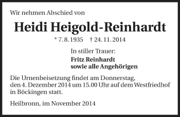 Traueranzeige von Heidi Heigold-Reinhardt 