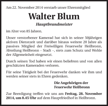 Traueranzeige von Walter Blum 