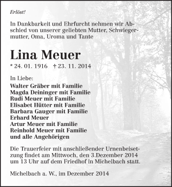 Traueranzeige von Lina Meuer 