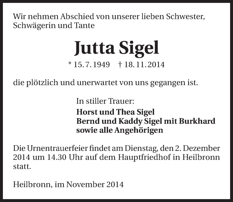  Traueranzeige für Jutta Sigel vom 29.11.2014 aus 