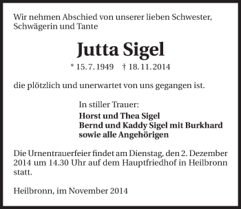 Traueranzeige von Jutta Sigel 
