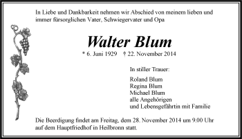 Traueranzeige von Walter Blum 