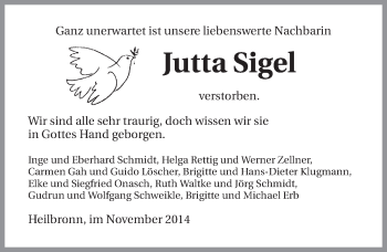 Traueranzeige von Jutta Sigel 